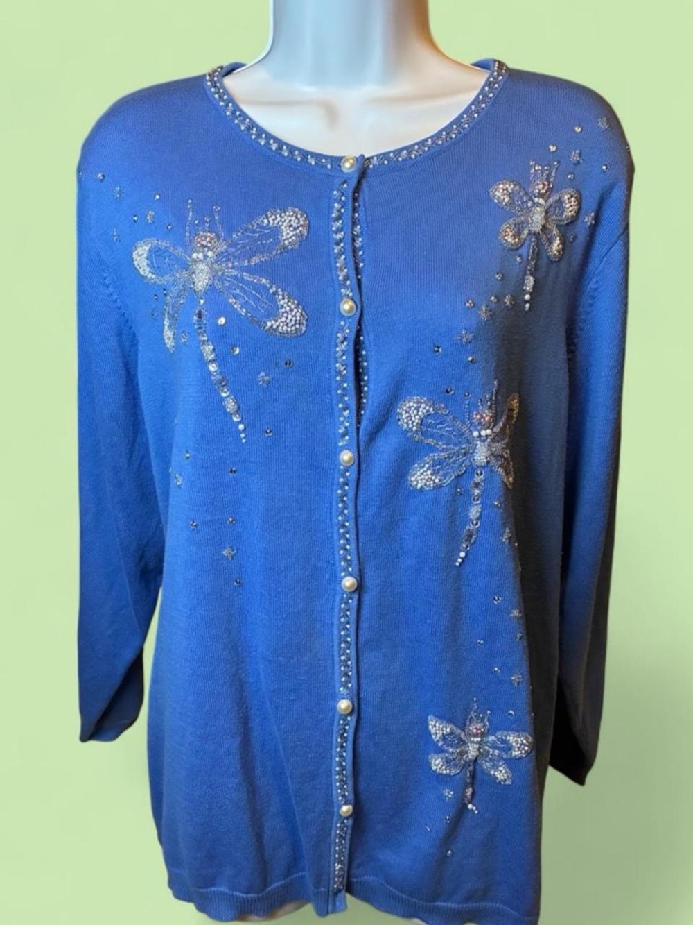Vintage 90s Bob Mackie Wearable Art Periwinkle Blue Beaded Dragonfly Design
